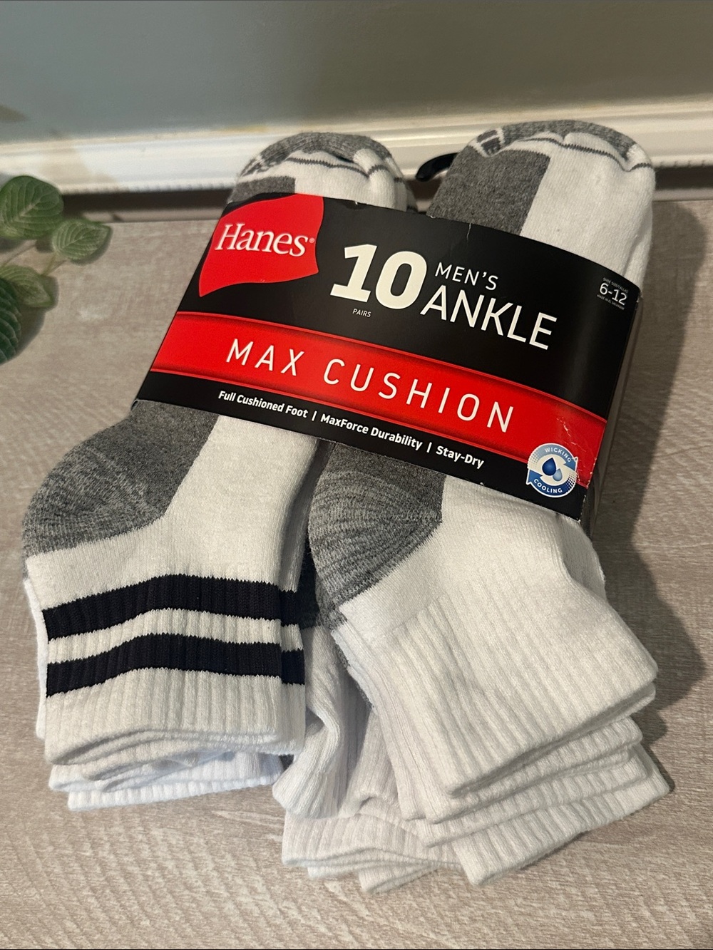 Hanes Men’s White, Gray & Black Ankle Socks - Max Cushion (10 Pack)